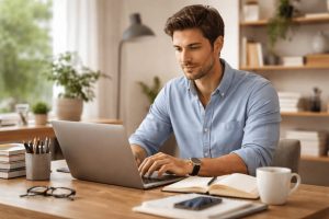 Profesional estudiando un máster online mientras trabaja a tiempo parcial desde casa.