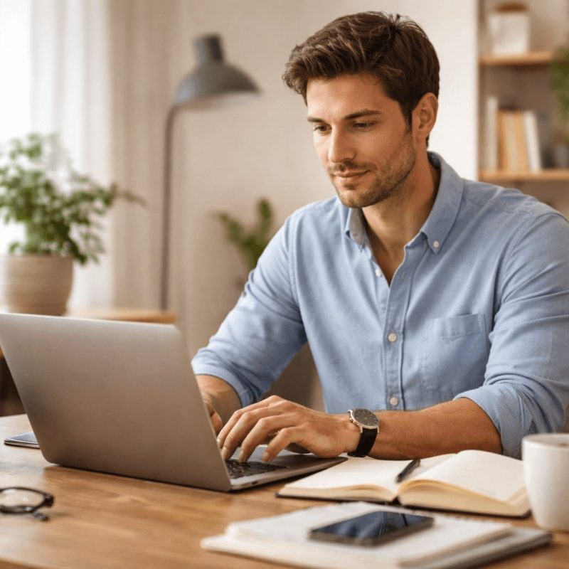 Profesional estudiando un máster online mientras trabaja a tiempo parcial desde casa.