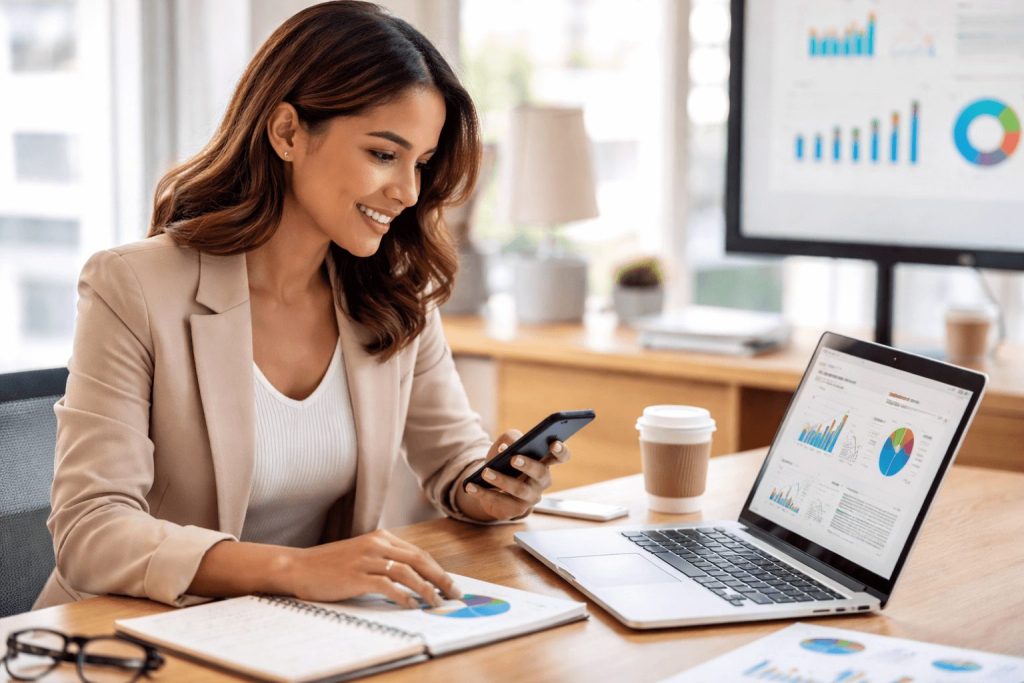 Profesional de marketing analizando datos con inteligencia artificial durante un máster especializado.