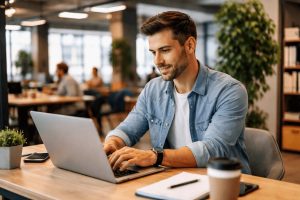 Profesional analizando datos con herramientas de inteligencia artificial en un entorno de trabajo digital